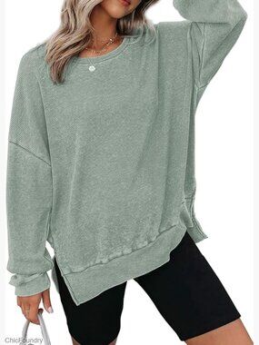 Oversized Waffle Knit Sweatshirt Long Sleeve Crewneck Side Slits Casual